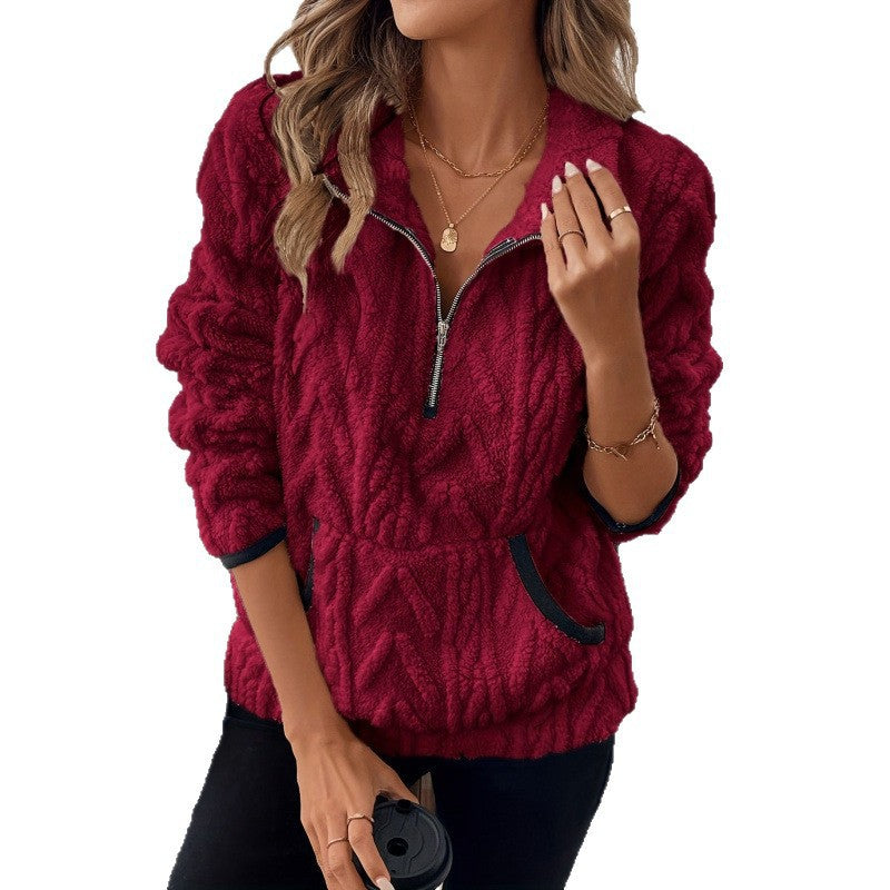 Contrast Color Half-open Collar Plush Women's Sweater