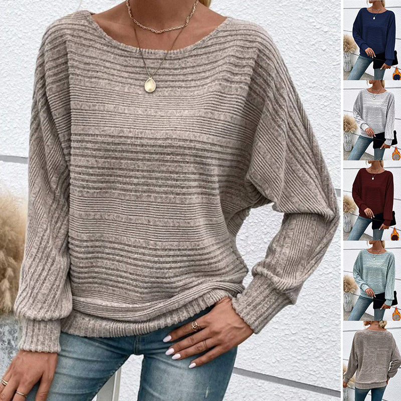 Solid Striped Batwing Sleeves T-shirt Fashion Casual Pullover Round Neck Long Sleeve Top Spring And Autumn Women's Clothing