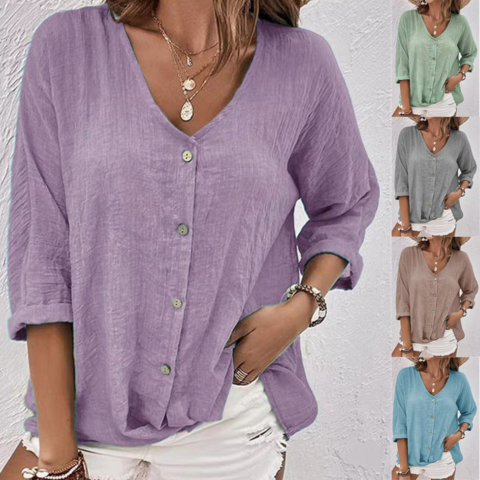 V-neck Long-sleeved T-shirt Fashion Solid Color Button Top Casual Loose Clothing For Women