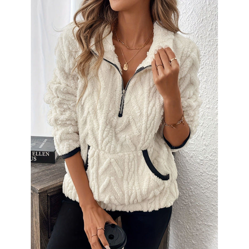 Contrast Color Half-open Collar Plush Women's Sweater