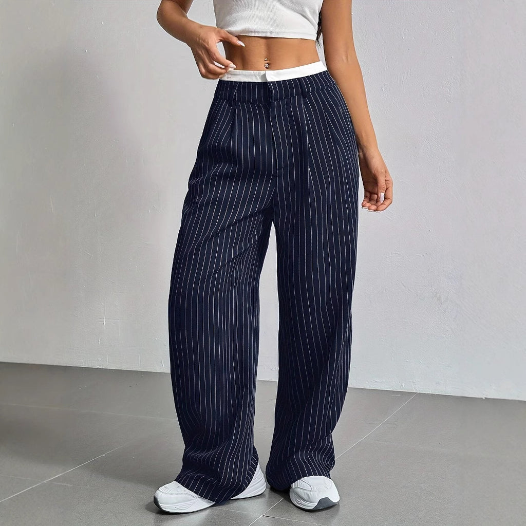Stripe Printed Trousers Fashion High Waist Straight Leg Pants With Pocket Zipper Casual Suit Pants For Women