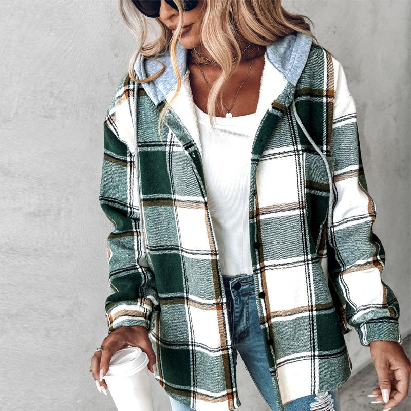 Plaid Hooded Jacket Fashion Casual Button Pocket Coat Autumn And Winter Women's Clothing