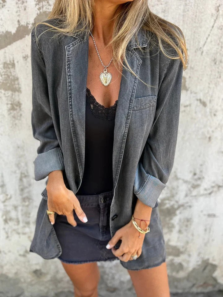 Lapel Shirt Jacket Ins Fashion Solid Color Long-sleeved Denim Top Autumn And Spring Casual Daily Streetwear Women's Clothing