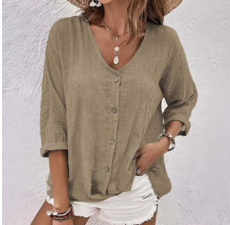 V-neck Long-sleeved T-shirt Fashion Solid Color Button Top Casual Loose Clothing For Women