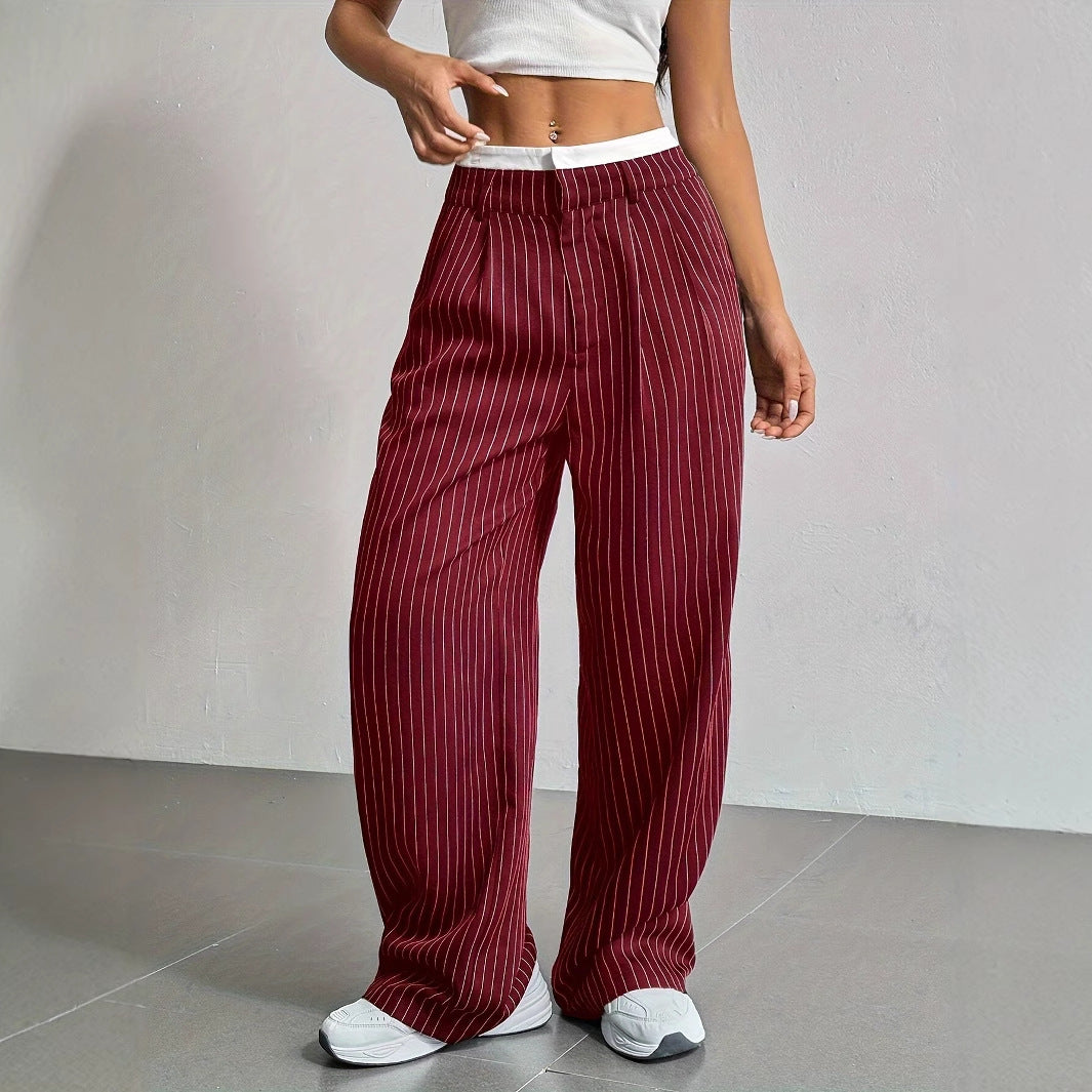 Stripe Printed Trousers Fashion High Waist Straight Leg Pants With Pocket Zipper Casual Suit Pants For Women