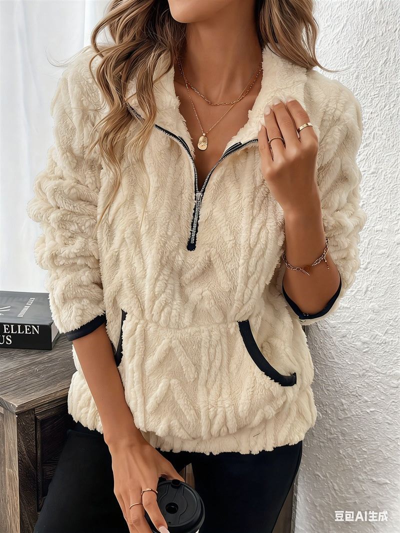 Contrast Color Half-open Collar Plush Women's Sweater