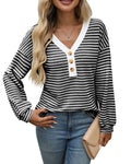 Women's V-neck Buttons Pullover Patchwork Casual Long-sleeved Top