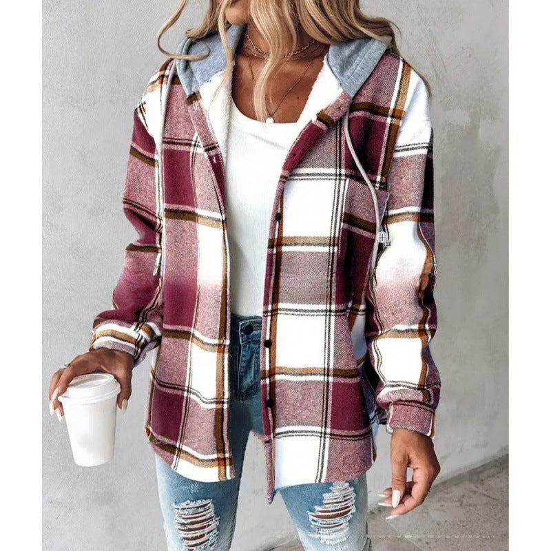 Plaid Hooded Jacket Fashion Casual Button Pocket Coat Autumn And Winter Women's Clothing